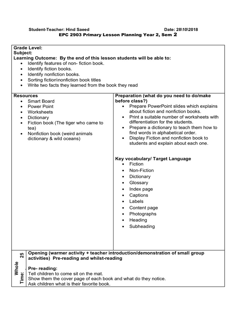Fiction And Nonfiction Lesson Plan Dictionary Books