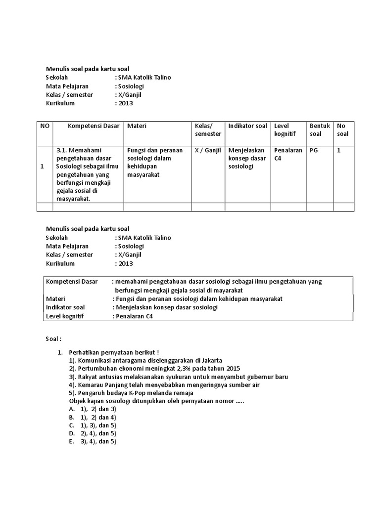 Kisi Kisi Dan Contoh Kartu Soal