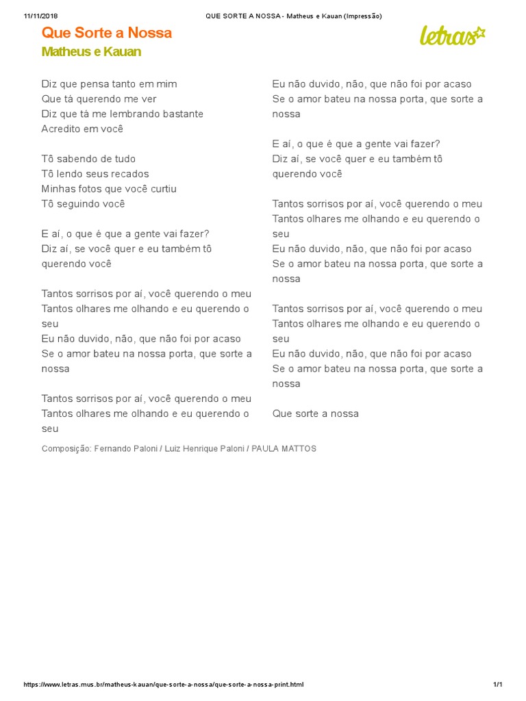 Que Sorte a Nossa - Matheus e Kauan | PDF | Música gravada | Música pop