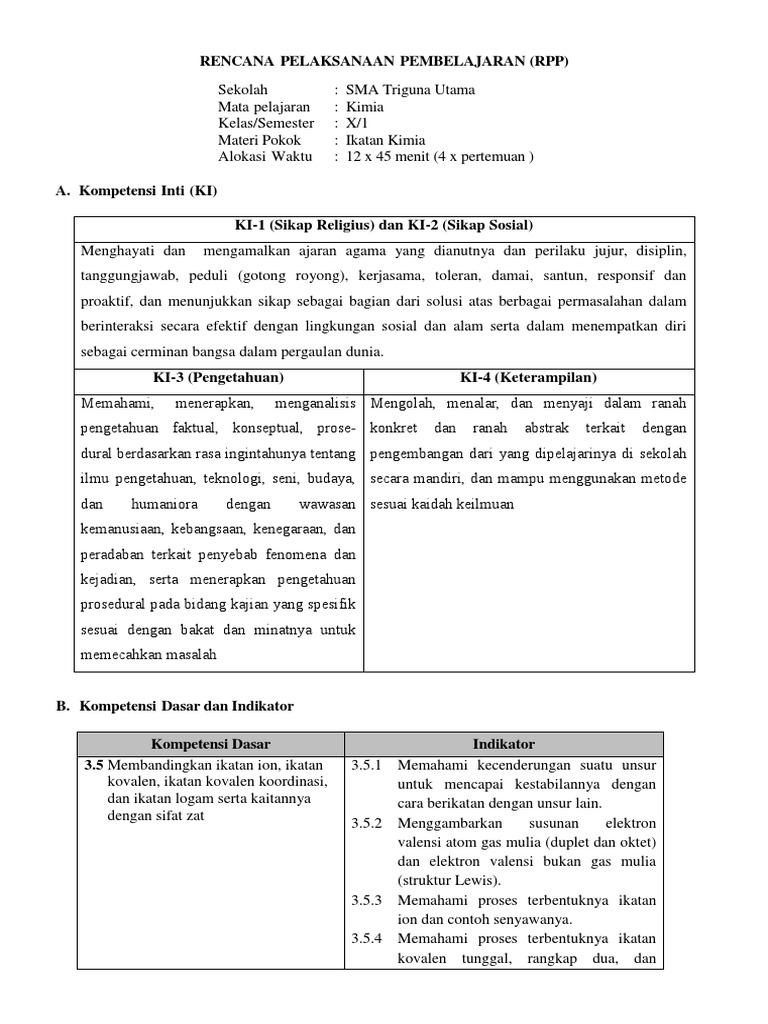 Rpp Ikatan Kimia Kd 3 5 Dan 4 5 Oke 1