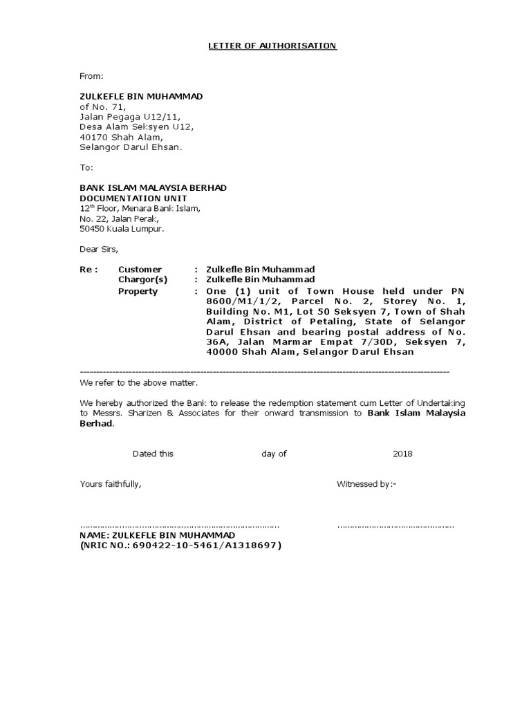 Authorization Letter for Redemption | PDF