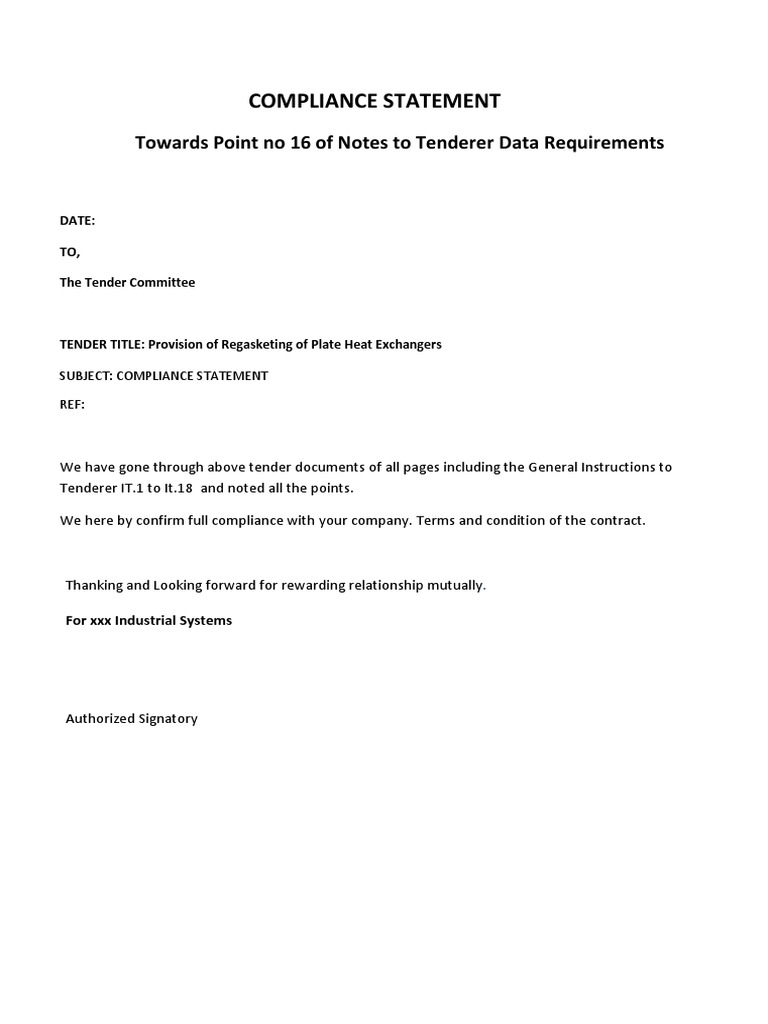 Compliance Statement for Tender Docs