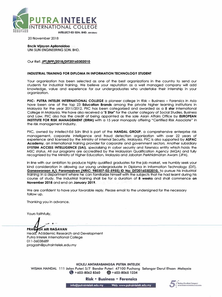 Industrial Training Letter - Ganeswaraan (DIP in IT) | PDF | Academia ...