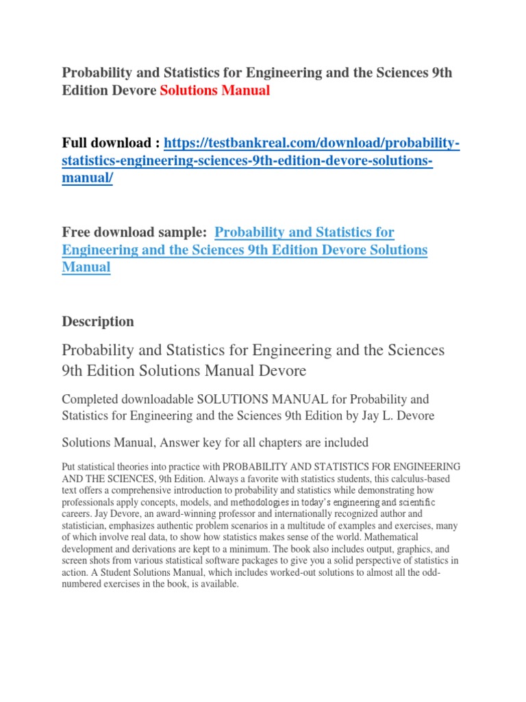 Probability and Statistics for Engineering and the Sciences 9th Edition Devore  Solutions Manual | Statistics | Cnn