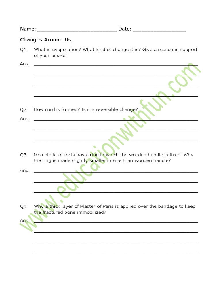 Changes Around Us Worksheet 6 | Evaporation | Plaster