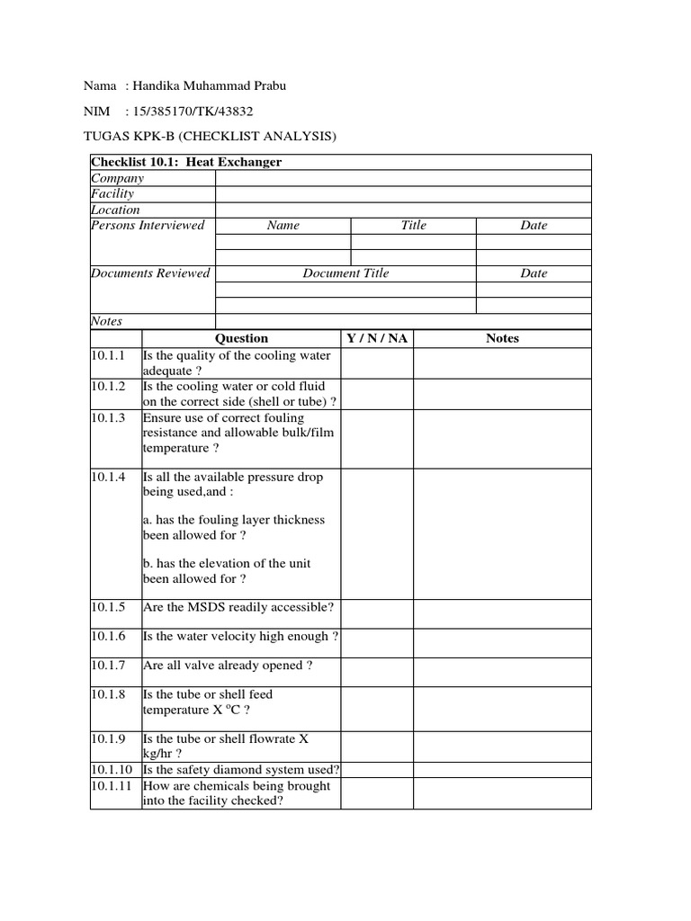 Checklist 10.1: Heat Exchanger: Company Facility Location Persons ...
