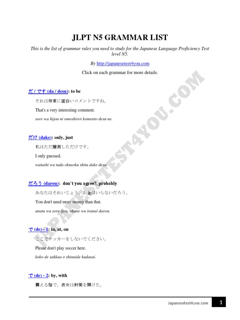 Jlpt N5 Grammar List Pdf Pdf