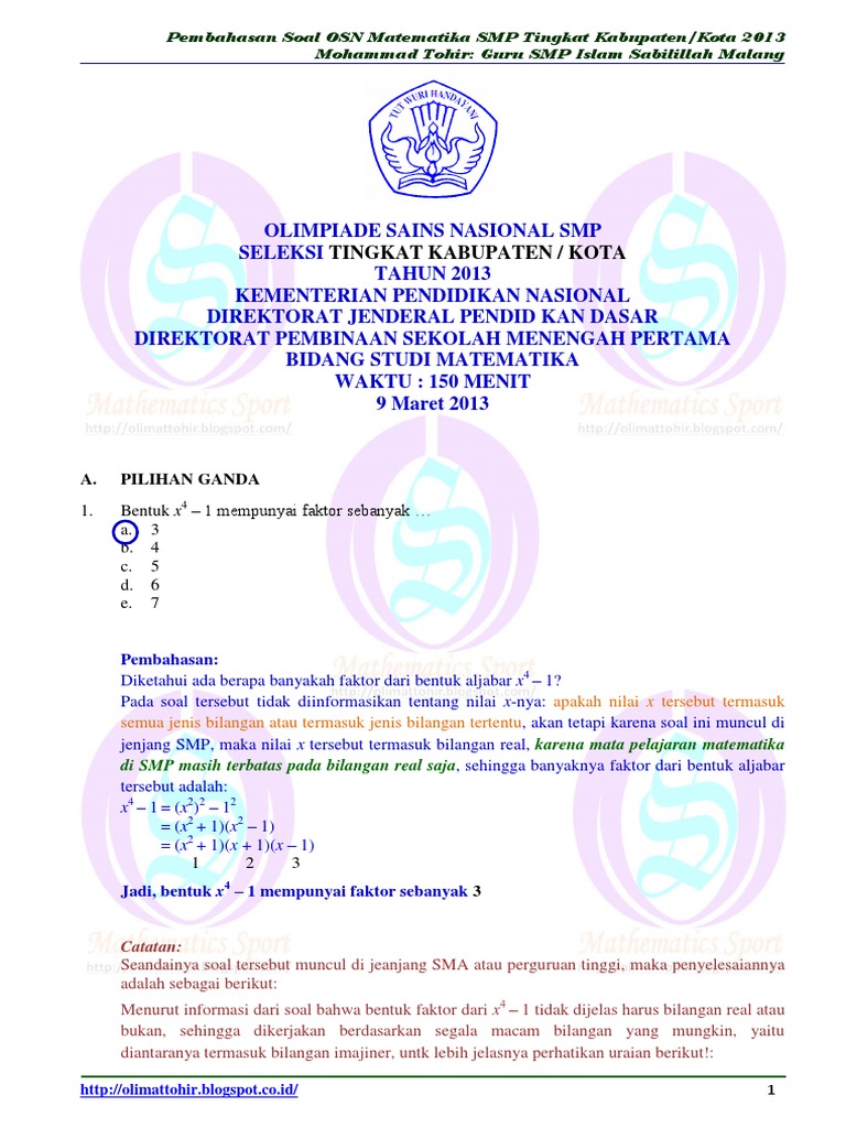 Soal Dan Pembahasan Osn Matematika Smp Tingkat Kota 2013 Www Olimattohir Blogspot Com Pdf