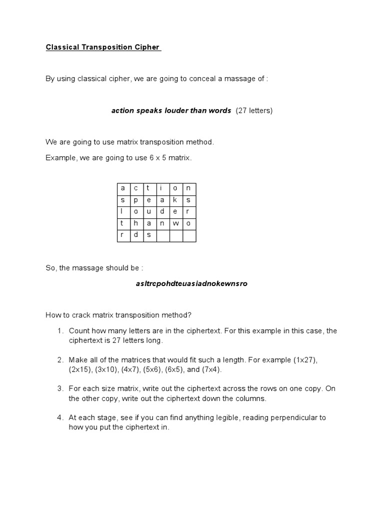 Classical Transposition Cipher | PDF | Cipher | Cryptography
