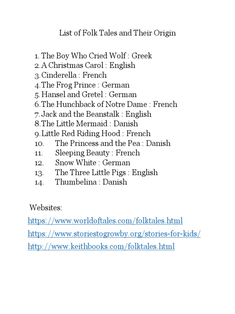 List of Folk Tales and Their Origin PDF Fairy Tales Fairies