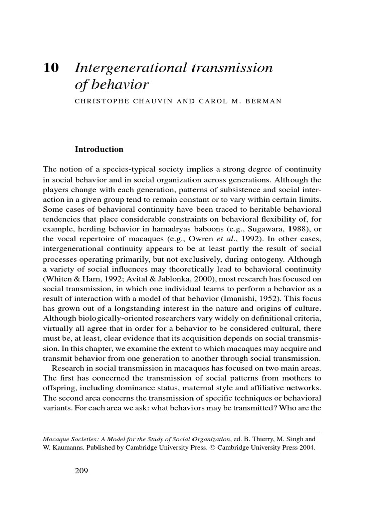 Intergenerational Behavior Transmission in Macaques | PDF | Sibling ...