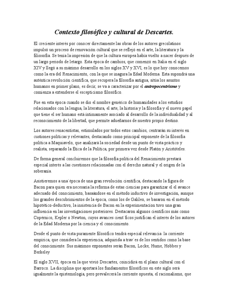 Contexto filosófico y cultural de Descartes Renacimiento