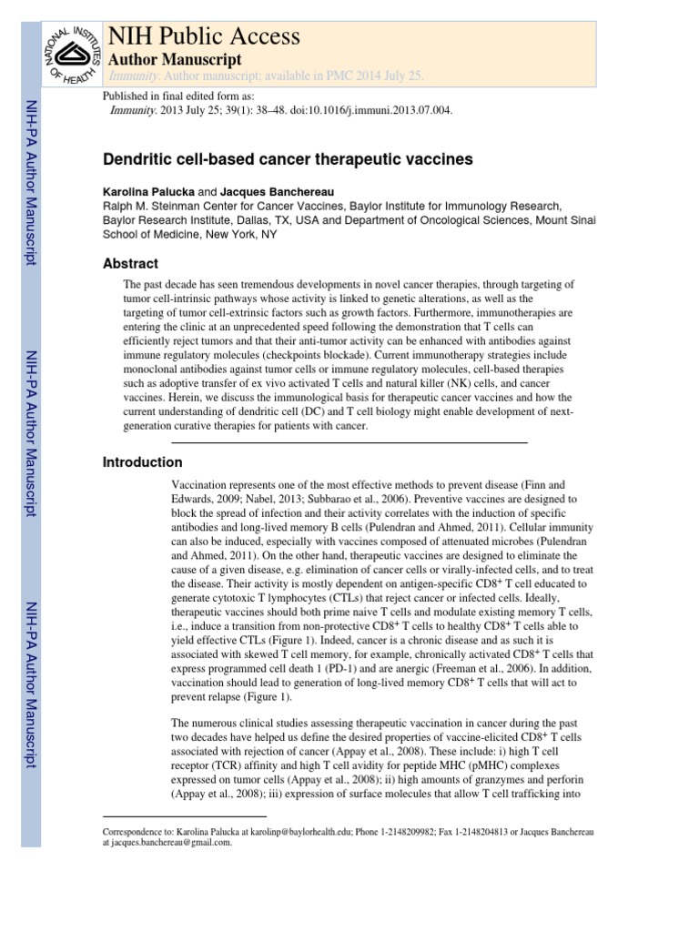 Dendritic Cell-Based Cancer Vaccines | PDF | Dendritic Cell | T Cell