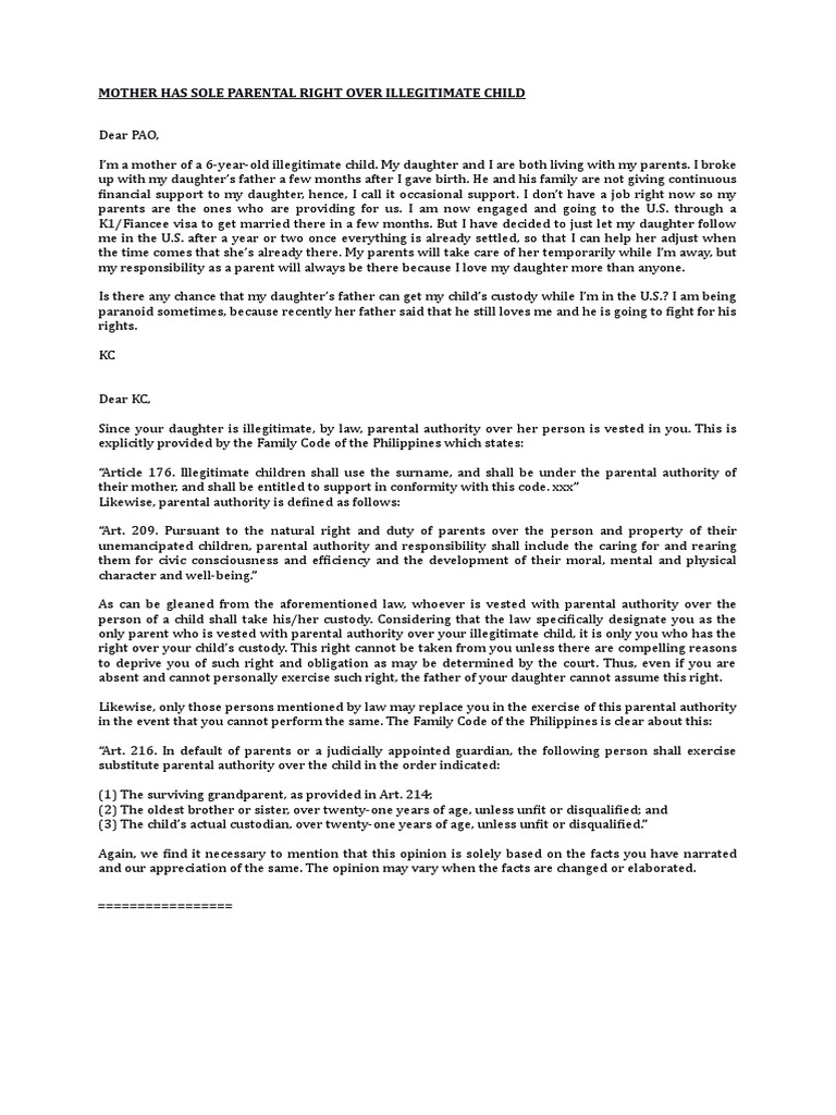 Custody Illegitimate Child PDF Child Custody Life Skills