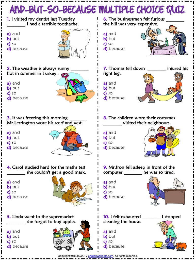 conjunctions-and-but-so-because-esl-multiple-choice-quiz-for-kids-pdf-leisure-prueba