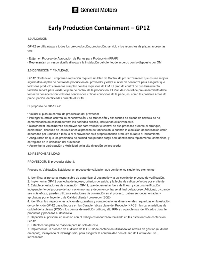 Proceso GP-12 en Contención Temprana | PDF | Calidad (comercial ...