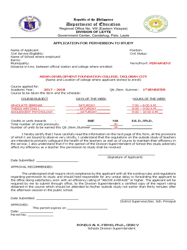 Permit To Study Format | PDF | Academic Term | Doctor Of Philosophy