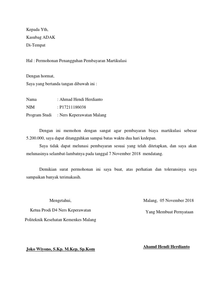 Contoh Surat Penangguhan Pembayaran Biaya Kuliah Pdf