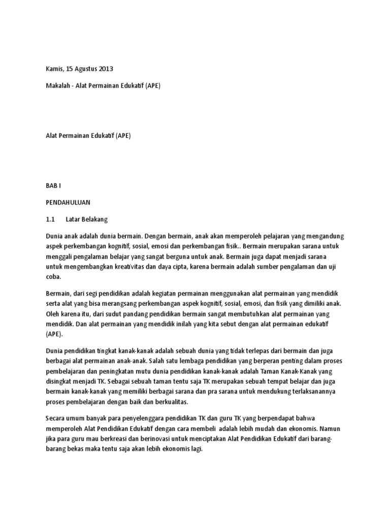 Contoh Makalah Alat Permainan Edukatif Paud Dikdasmen