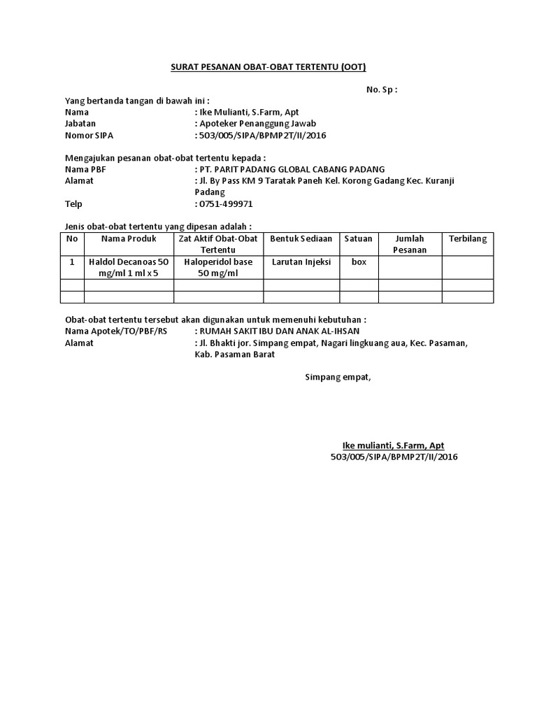 Contoh Surat Pesanan Obat