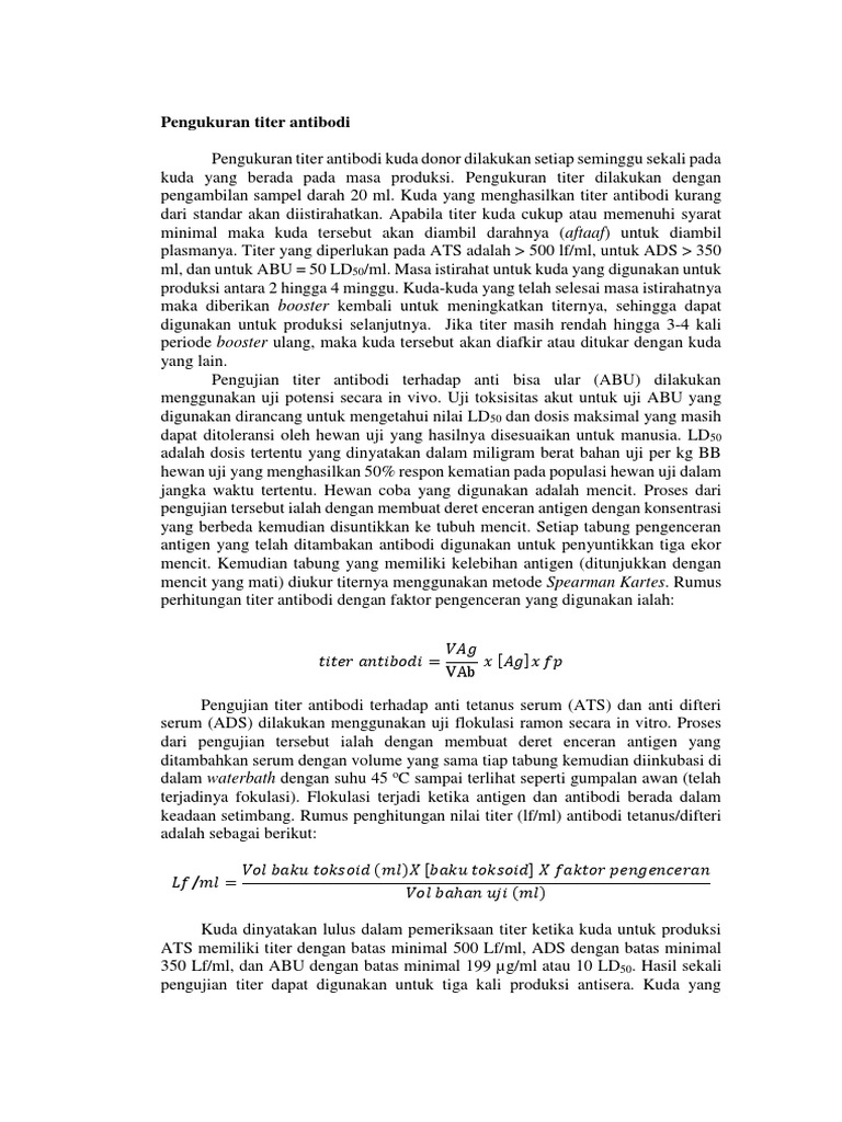 Pengukuran Titer Antibodi Kuda Donor | PDF