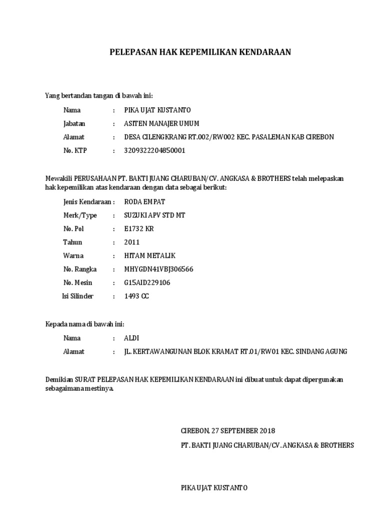 Pelepasan Hak Kepemilikan Kendaraan