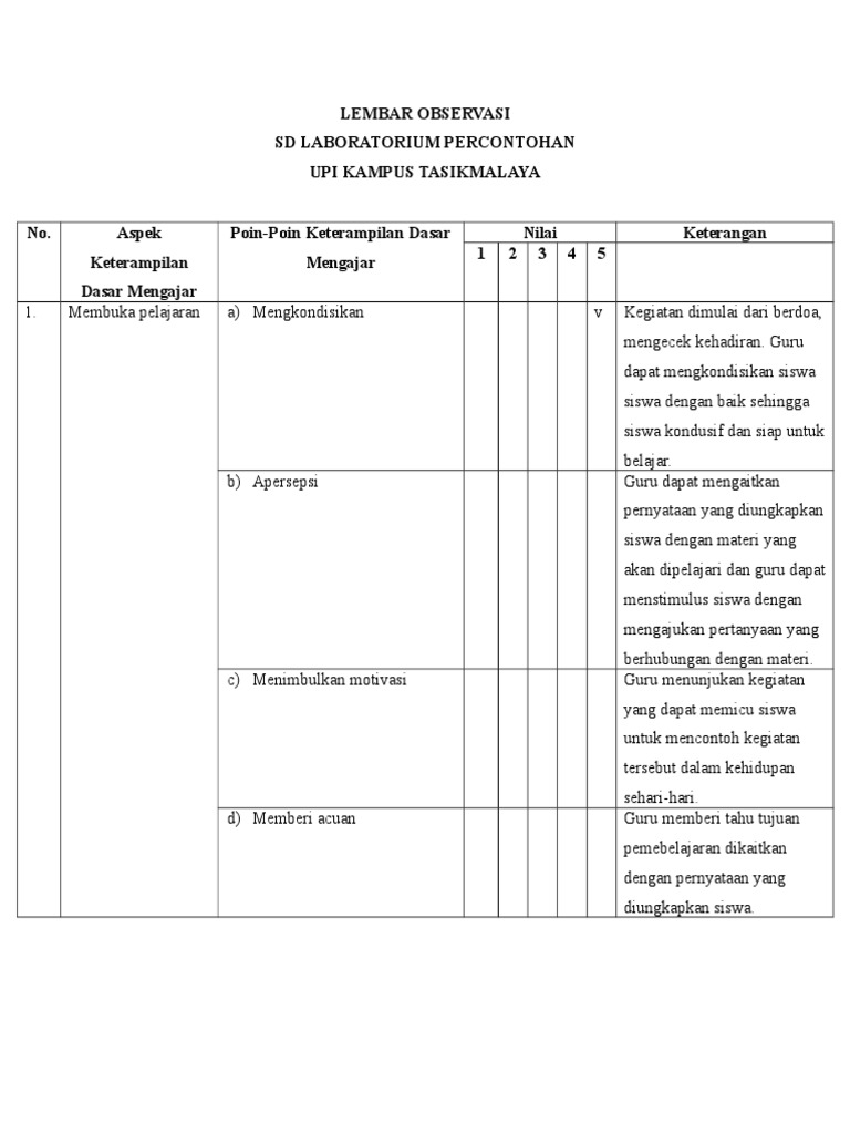 Lembar Observasi  Micro Teaching  Lembar Observasi  Micro Teaching