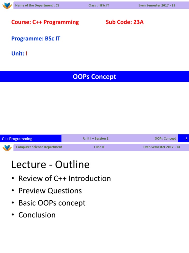 Course: C++ Programming Sub Code: 23A: Oops Concept | Download Free PDF ...