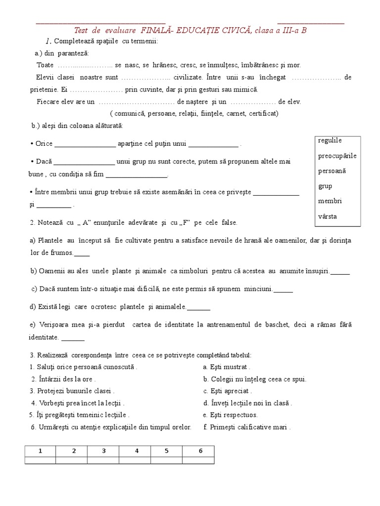 Evaluare Finala Ed Civica Clasa A Iii A