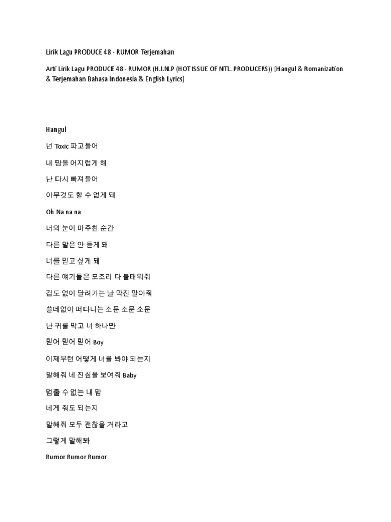 Lirik Lagu Produce 48 Rumor