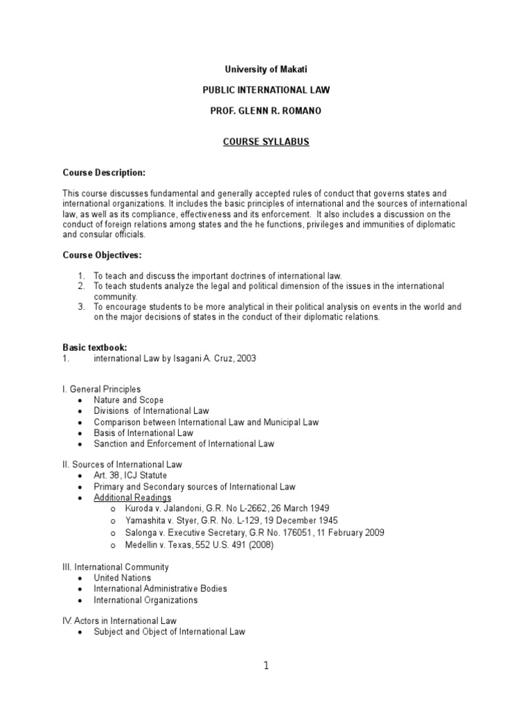 Public International Law Course Syllabus | PDF | International Law ...