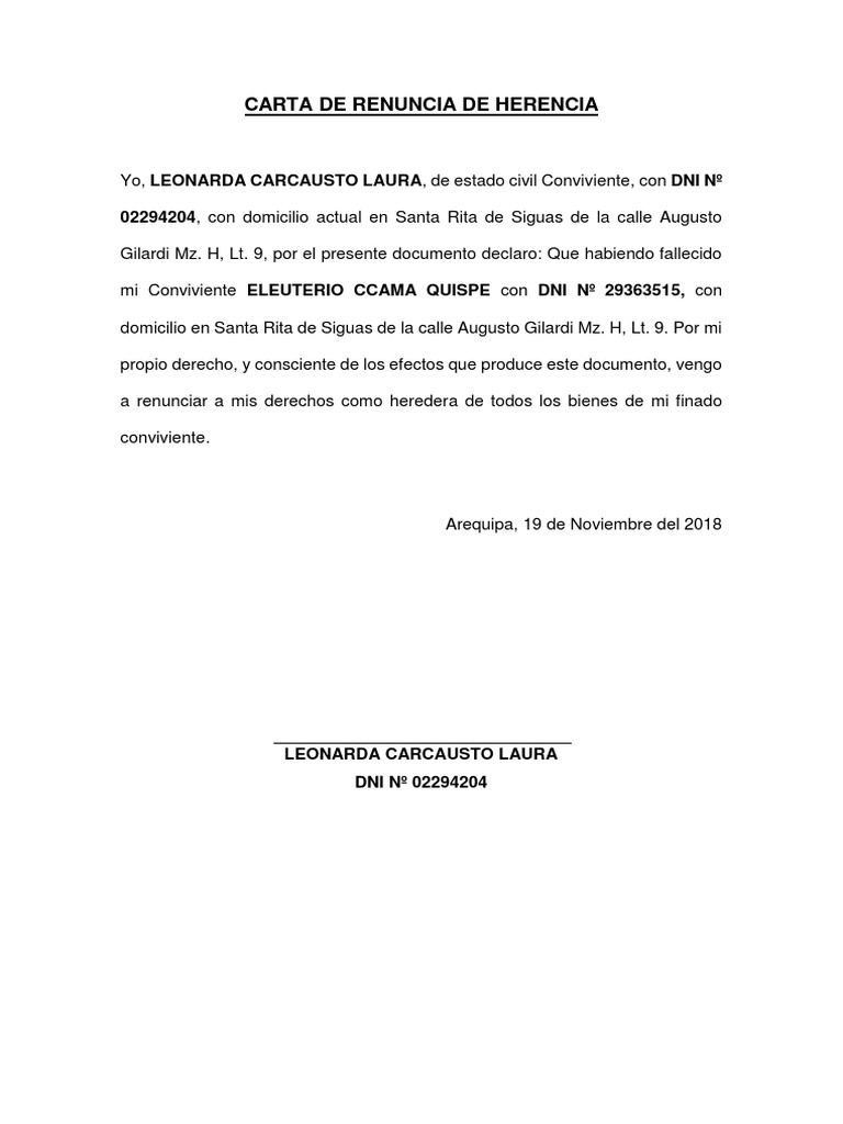 Carta de Renuncia de Herencia