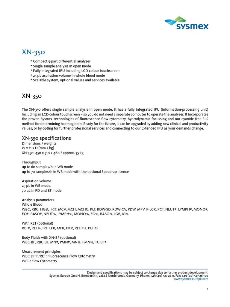 Sysmex 350 Cytometry Flow Cytometry