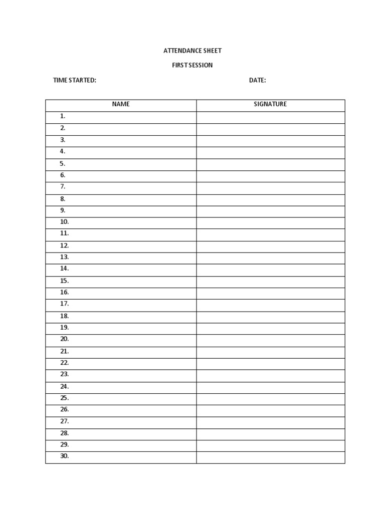 Attendance sheet first session time started date pdf