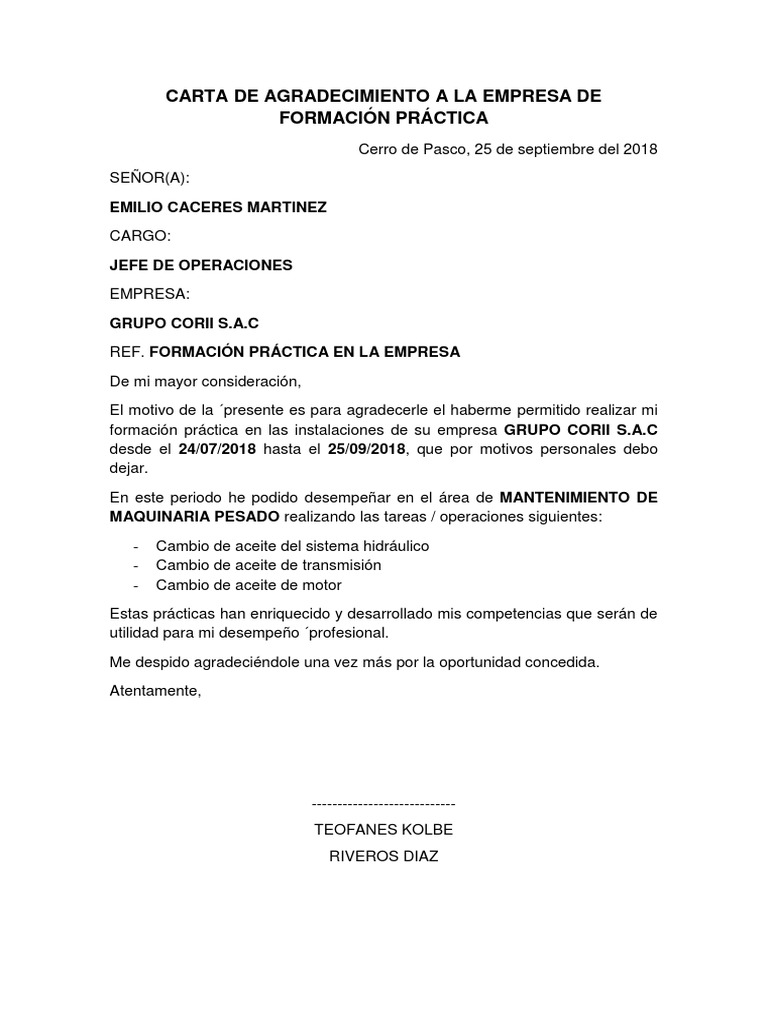 Carta de Agradecimiento a La Empresa de Formación Práctica