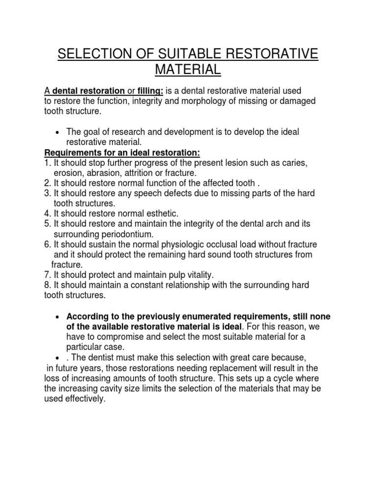 Selection of Restorative Material PDF Dental Composite Oral Hygiene
