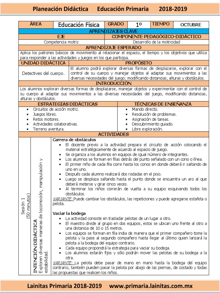 Octubre 1er Grado Educación Física 2018 2019 Pdf Educación