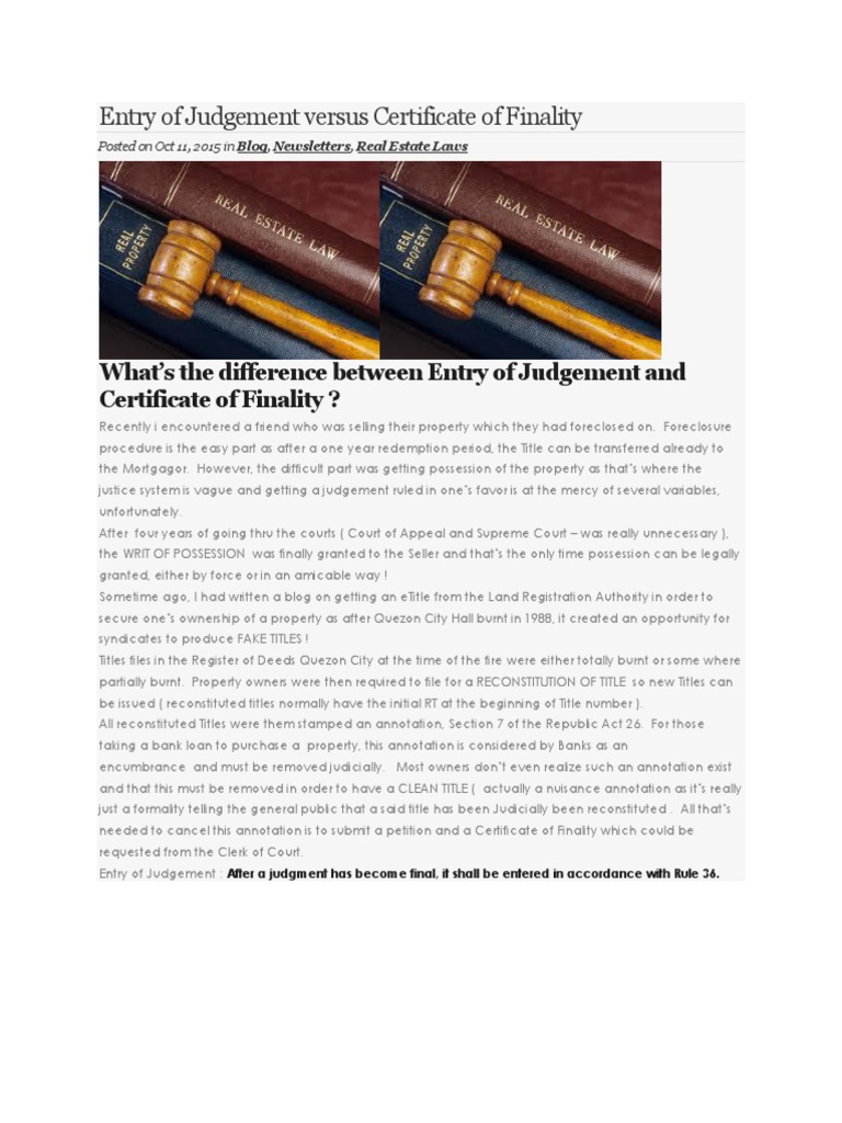 Entry of Judgement Versus Certificate of Finality PDF Judgment (Law