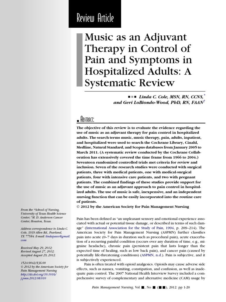 Music As An Adjuvant Therapy in Control of Pain and Symptoms in ...