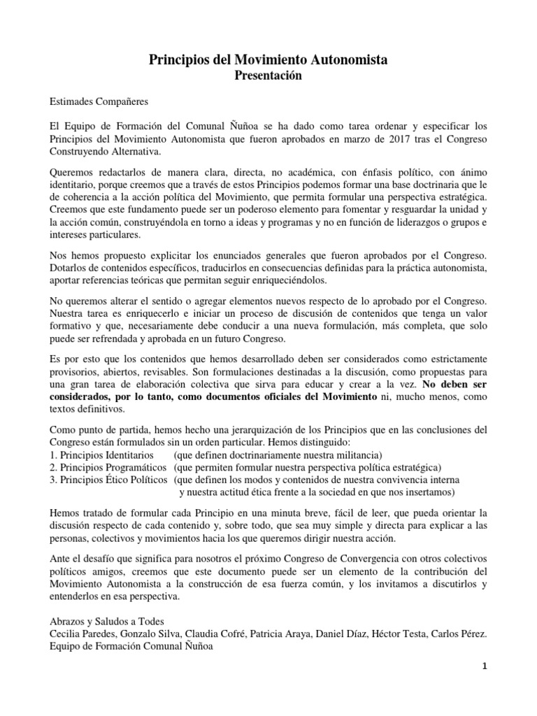 Principios del Movimiento Autonomista | PDF | Democracia | Ideologías ...