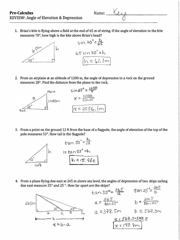Angle of Elevation and Depression Review Solutions PDF Earth