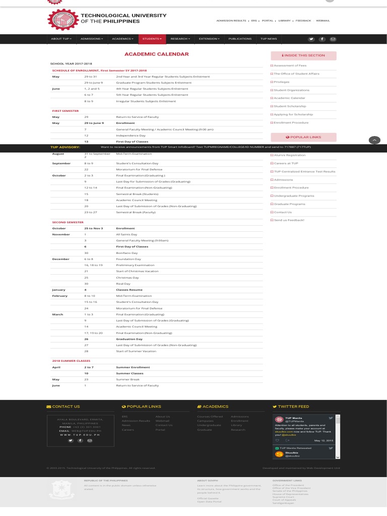Academic Calendar Technological University of The Philippines PDF