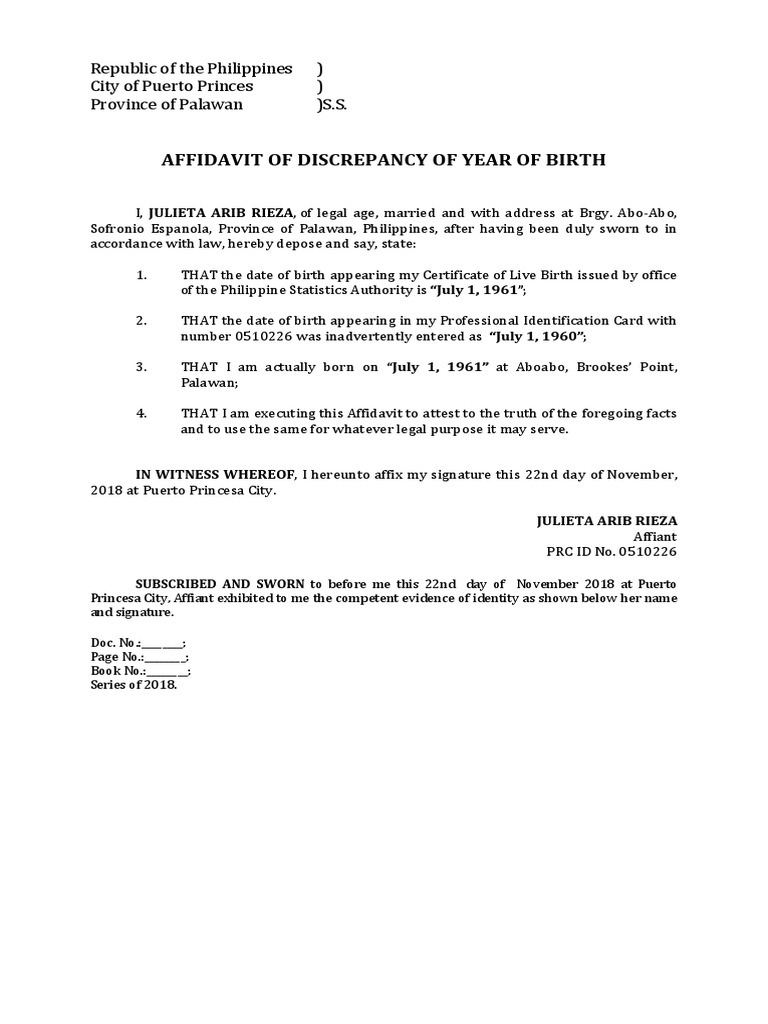 Affidavit of Discrepancy Year of Birth PDF
