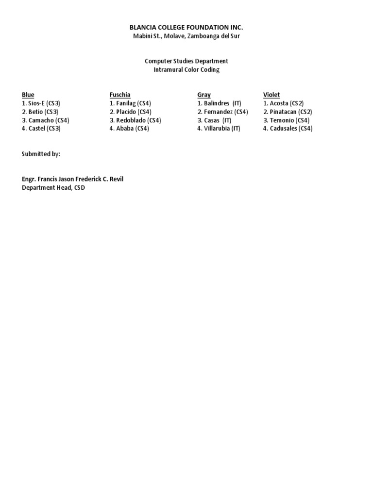 Blancia College Intramural Color Codes | PDF