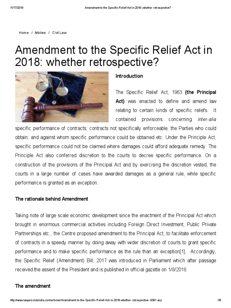 Amendment To The Specific Relief Act in 2018 Whether Retrospective