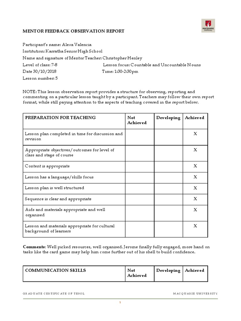 TESOL Lesson Feedback Report | PDF | English As A Second Or Foreign ...