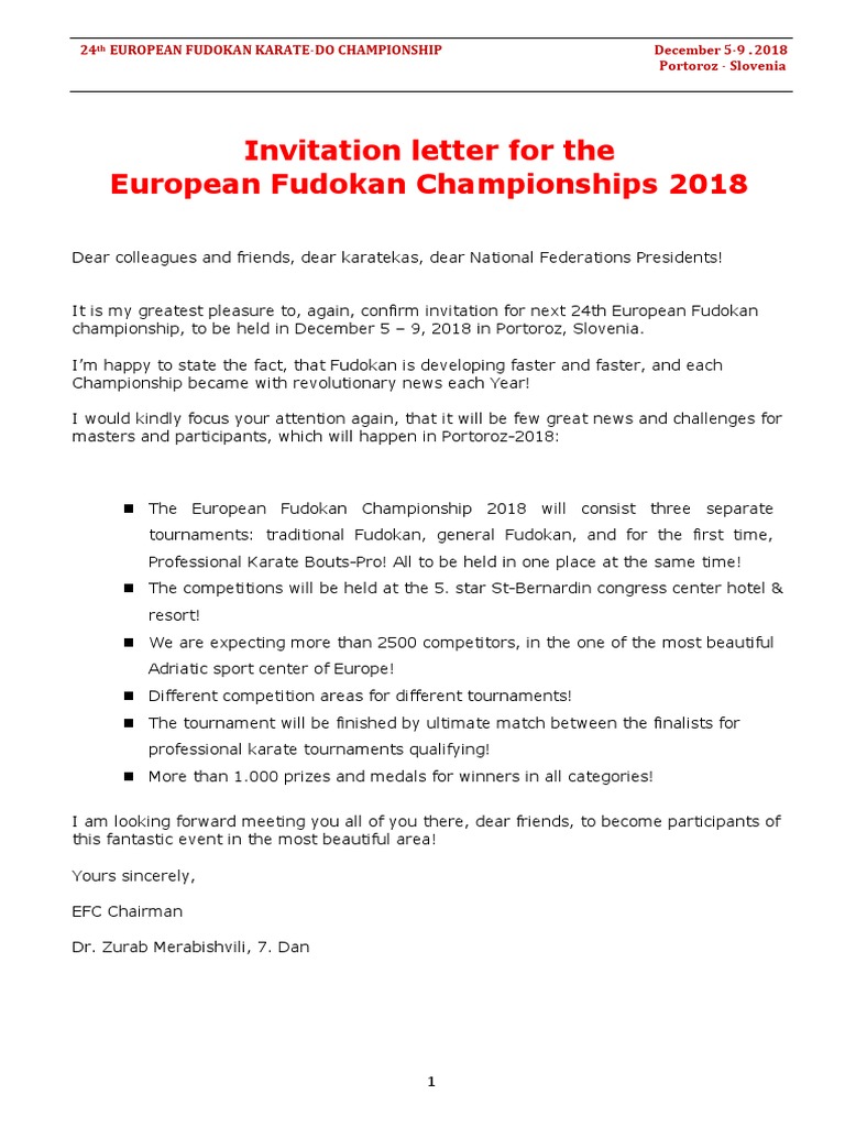 Invitation Letter European Fudokan Championship PDF | PDF | Karate ...