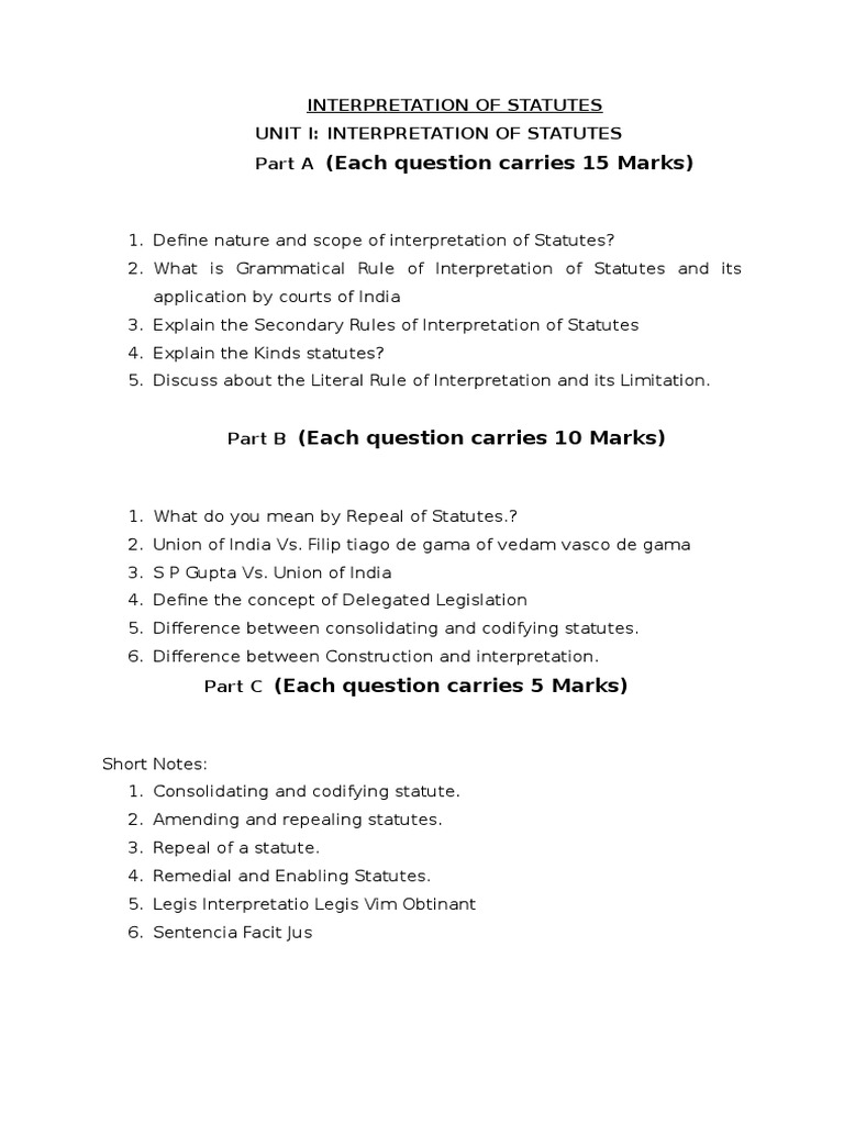 Interpretation of Statutes Question Bank | PDF | Statutory ...