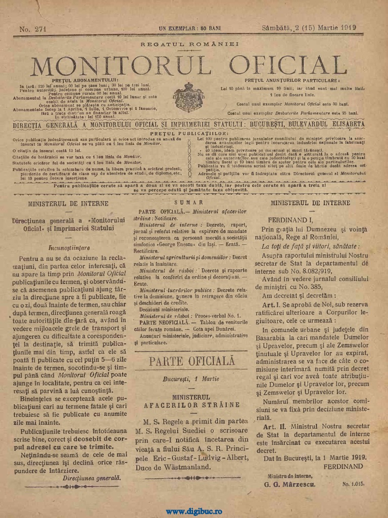 Monitorul Oficial Al Romaniei Nr 271 2 Martie 1919