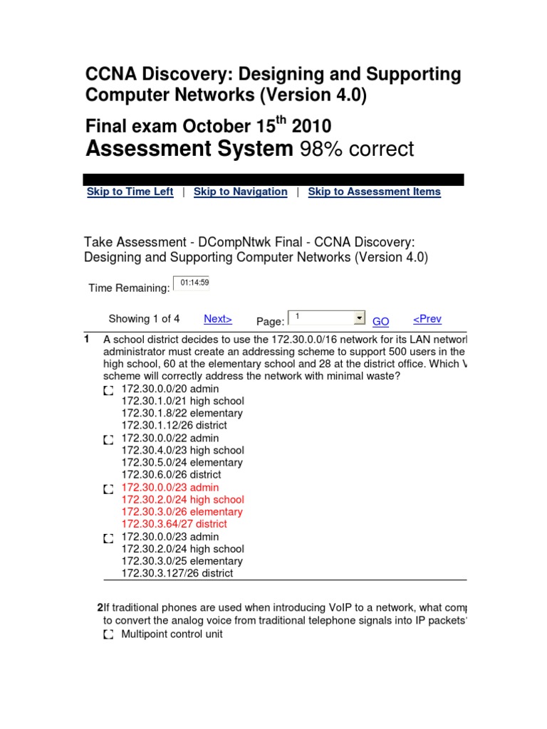 CCNA Discovery 4 Final Exam | PDF | Router (Computing) | Computer Network